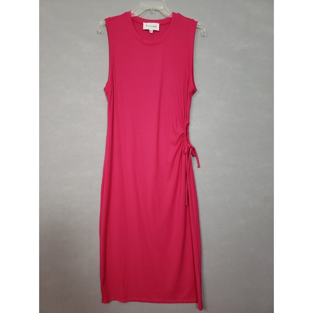 Olive + Oak Womens XL Midi Dress Hot Pink Ribbed Side Cinched Sleeveless Ruched